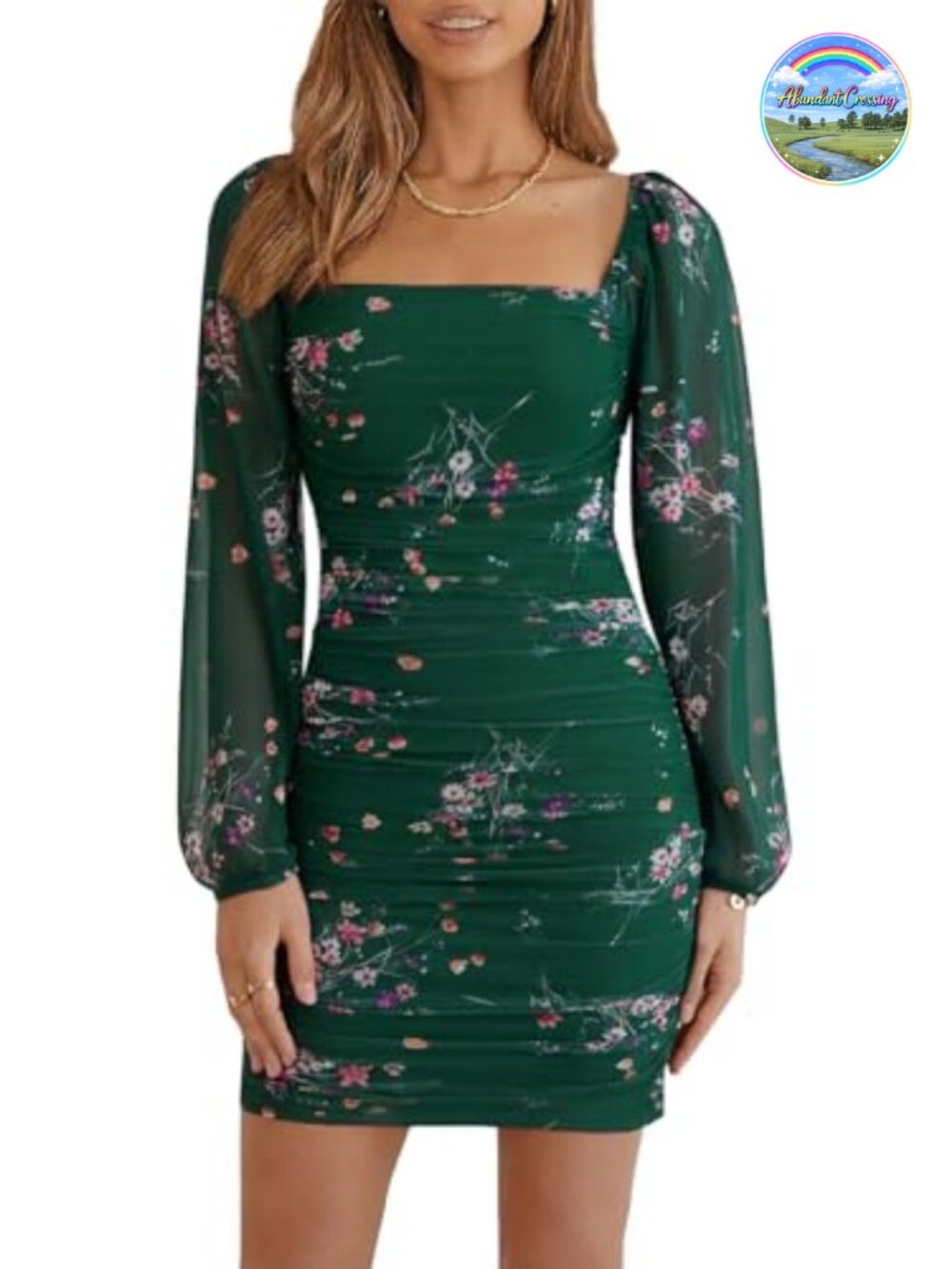 Women's Mesh Long Sleeve Square Neck Ruched Bodycon Mini Dress